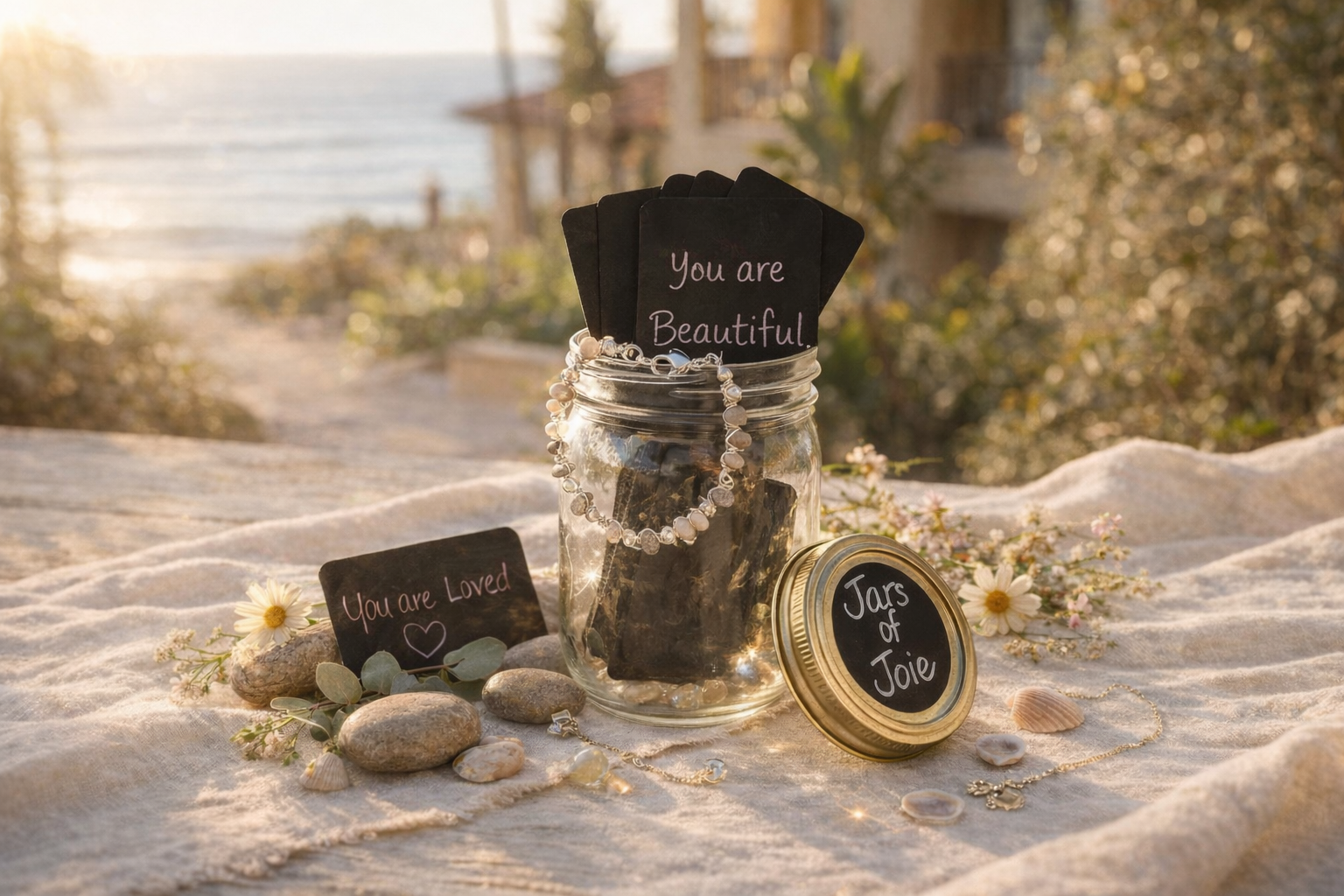 Mason jar with decorative stones and 'You are Beautiful' sign on a beach setting