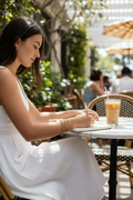 Girl in white summer dress wearing wavy and smooth gold bangles journaling outside
