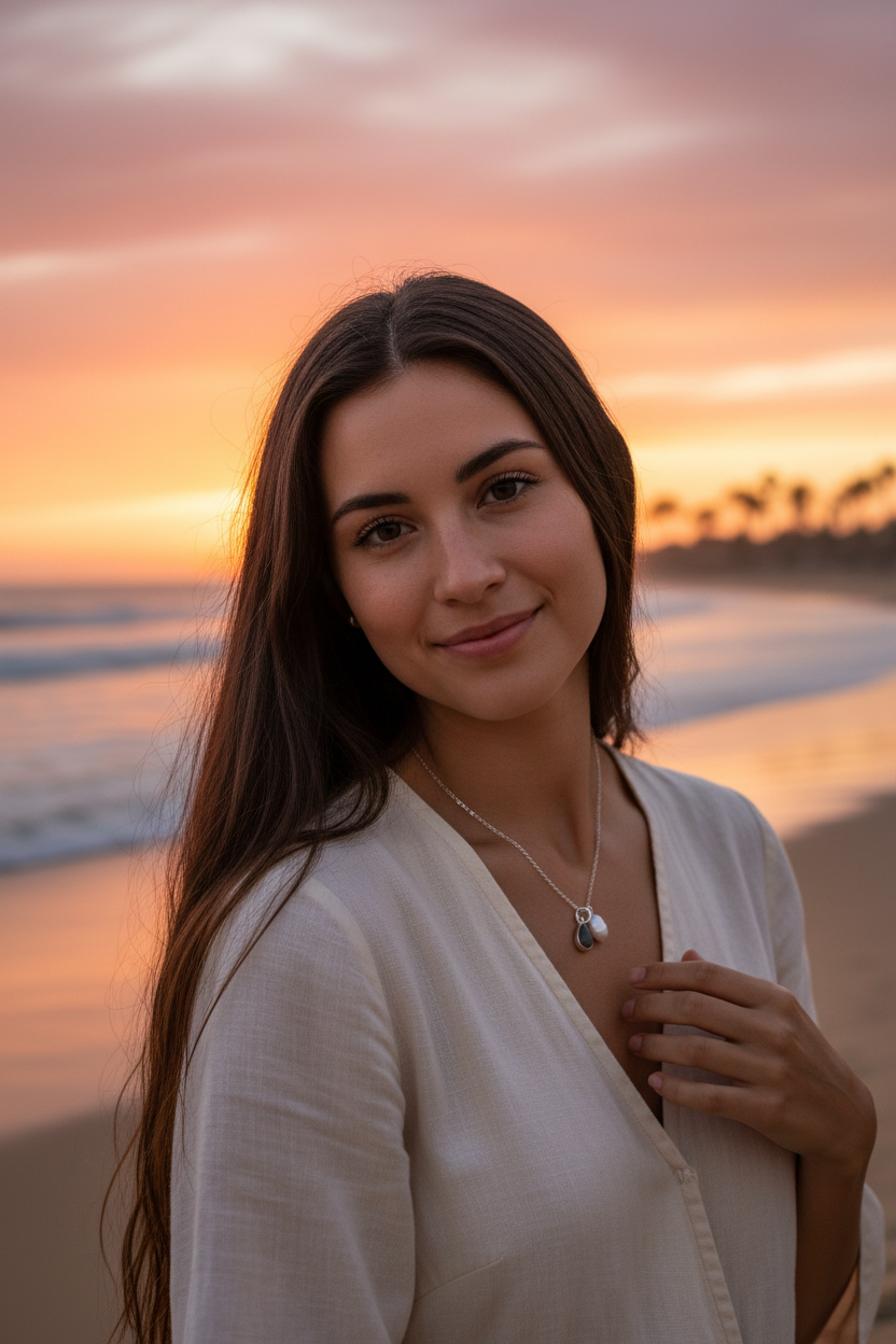 Girl wearing laborite necklace at sunset