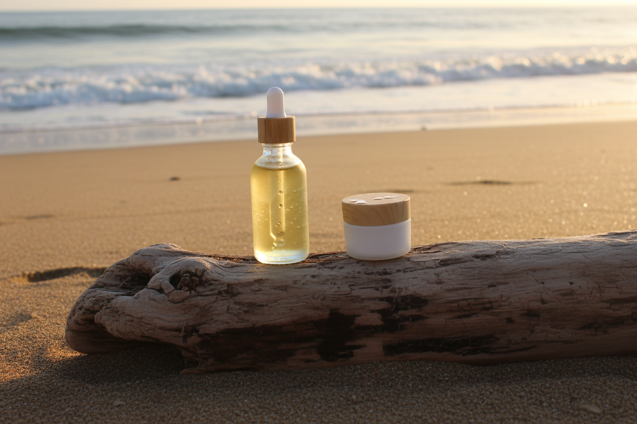 Skin Care Set on Driftwood Log at Beach